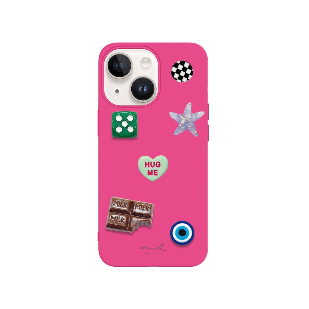 Personalized fuchsia pink mobile phone case Flirty. It comes included with 6 combinable beads between them. My Favorite Position, My Toto, My Stomach, My Potato, My Crush and My Caramelito.
