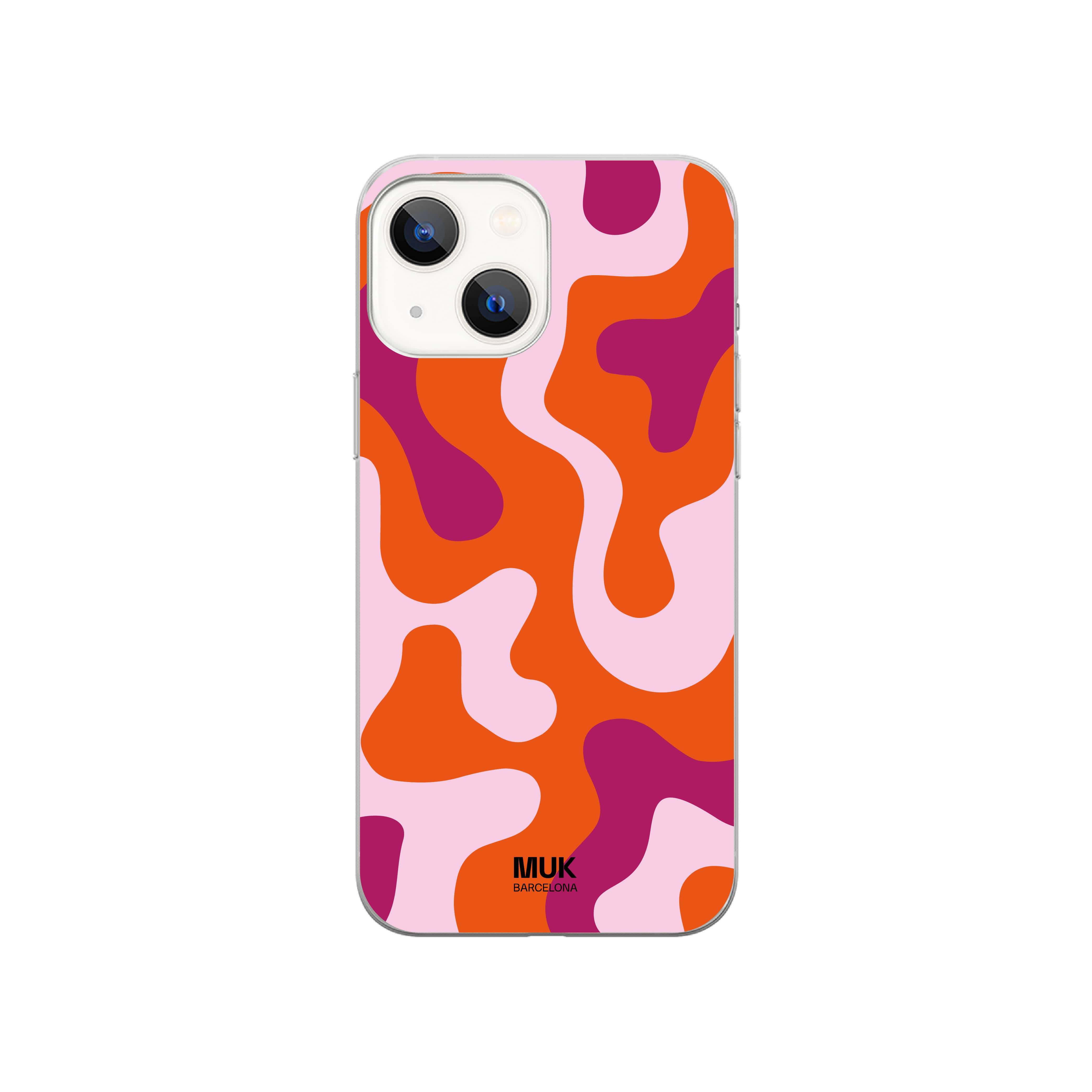 Clear&nbsp;phone case with orange, lilac and violet organic shapes.
