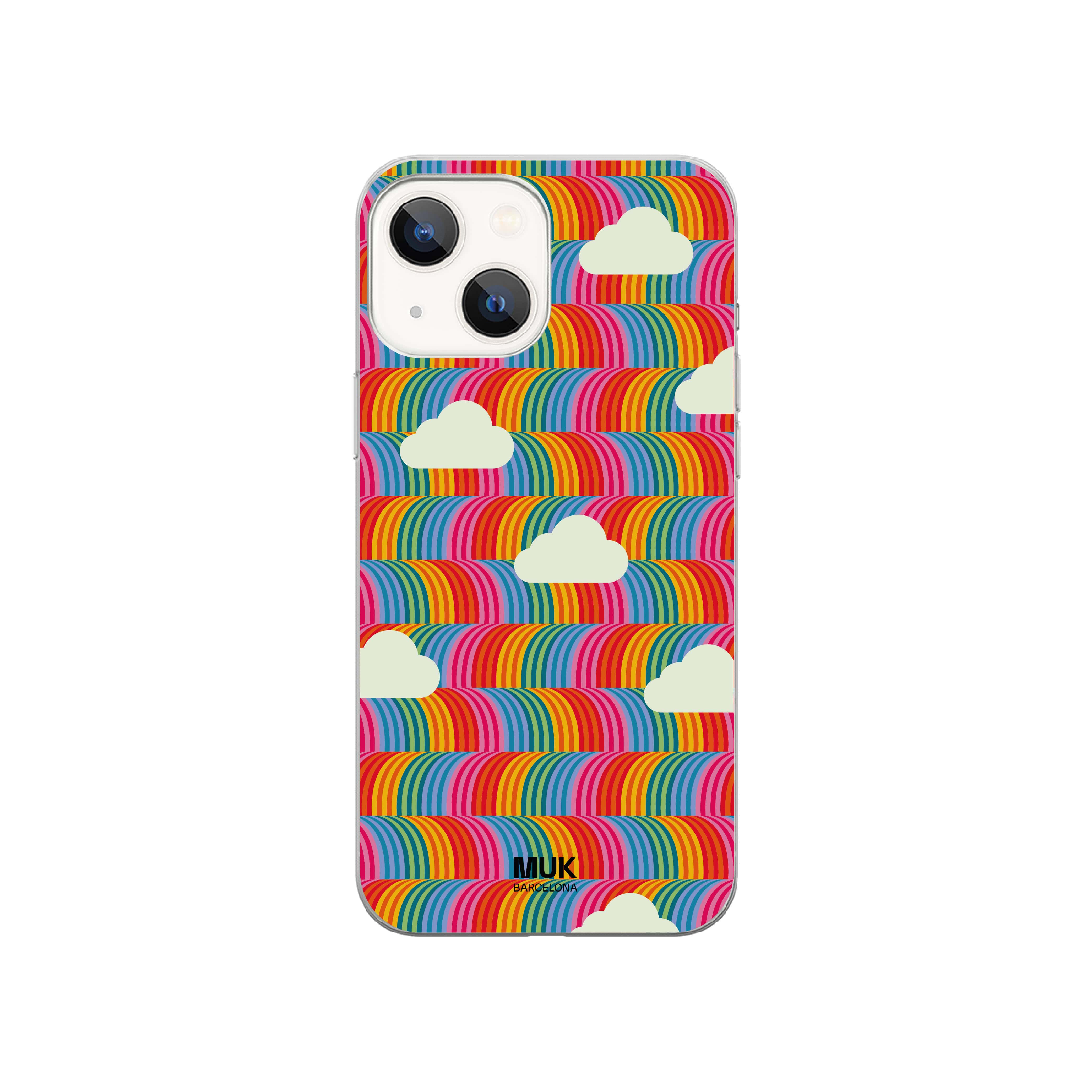 Clear Phone Case in rainbow colors with clouds.
